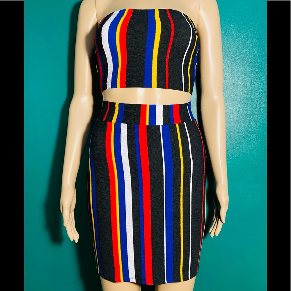 STRIPED BODYCON BACK ZIPPER SKIRT AND TUBE TOP BANDAGE SET